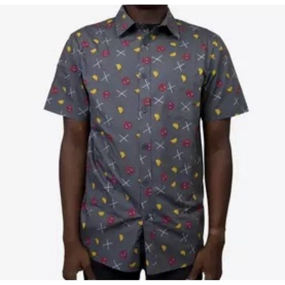 Marvel Men's Short-Sleeve Button-Down Shirt in Gray with Red & Yellow Accents